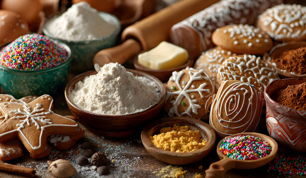 Christmas food. Gingerbread cookies with ingredients for christmas baking - Powered by Adobe