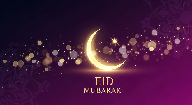 Eid Mubarak Glowing Crescent Moon and Bokeh Lights on Purple Background.
