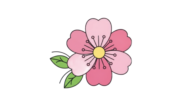 Pink flower with green leaves on transparent background vector illustration