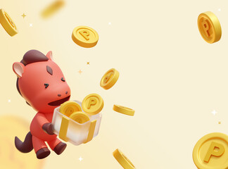 cartoon style 2026 new year red horse character holding a box of gold reward coin 3D graphic banner

