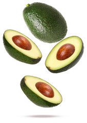 dynamic composition of fresh hass avocado fruit featuring one whole piece and three halves with pits, flying and suspended against a transparent background.