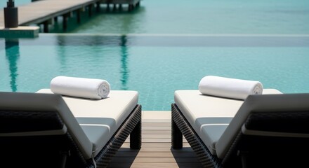 Fototapeta premium Relaxing lounge chairs with rolled towels by a tranquil infinity pool overlooking a wooden pier and clear blue water