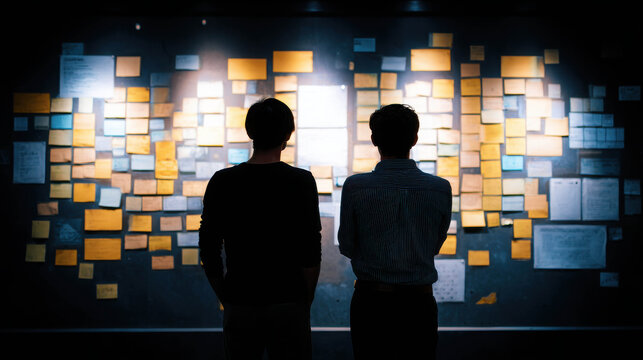Collaborative brainstorming session in front of a wall filled with colorful notes and ideas, showcasing creativity and teamwork in a modern workspace
