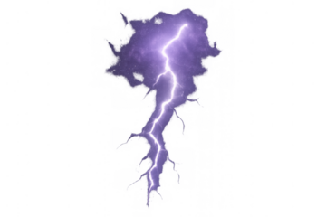 Purple thunderbolt striking with electric energy, powerful lightning storm, impact or explosion effect with transparent background