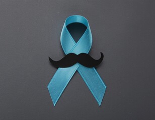 A teal awareness ribbon paired with a playful black mustache on a dark background.
