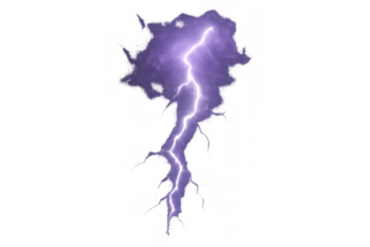 Purple thunderbolt striking with electric energy, powerful lightning storm, impact or explosion effect with transparent background