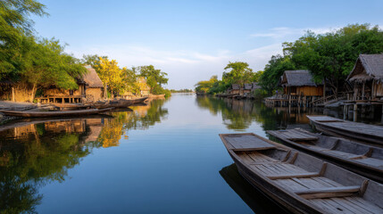 Scenic Riverside Community with Small Wooden Boats Amidst Lush Greenery and Traditional Houses at Sunset