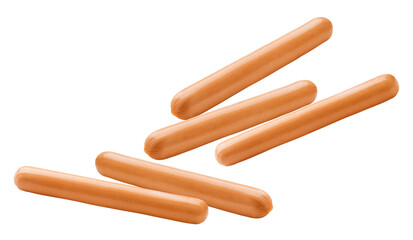 dynamic photograph featuring five smooth, uncooked frankfurter sausages appearing to float or fall in a loose, scattered arrangement against a contrasting solid black backdrop.
