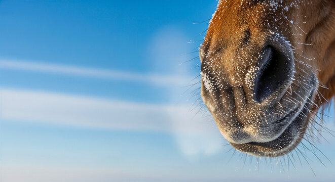 Frost-covered horse muzzle against blue sky symbolizing strength and winter clarity