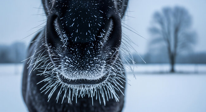 Horse muzzle with heavy frost symbolizing survival and harsh winter conditions