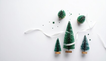 Four miniature artificial Christmas trees adorned with white glitter and small green balls scattered across a clean white surface with a white ribbon elegantly draped.