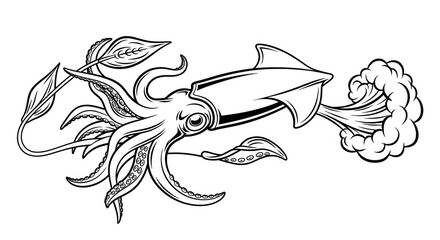 Squid illustration in black and white with water jet and plant detail