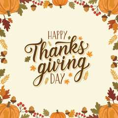 Happy Thanksgiving Day poster, banner, and greeting card illustration with festive pumpkins, autumn leaves, and elegant handwritten script typography for fall celebration.