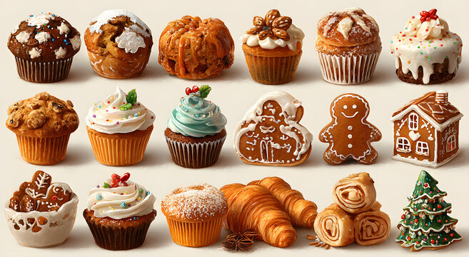 Christmas sweets big collection, with seasonal winter desserts, muffins, cookies, gingerbread, rolls, vector design decorative elements isolated on white, seasonal design