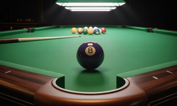 Close-up of pool table with 8-ball poised