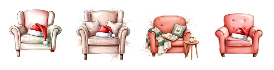 Four watercolor armchairs decorated with Christmas Santa hats and cozy winter elements transparent background