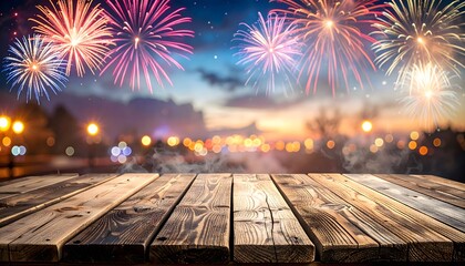 Festive Fireworks Display over City Lights with Rustic Wooden Table Foreground