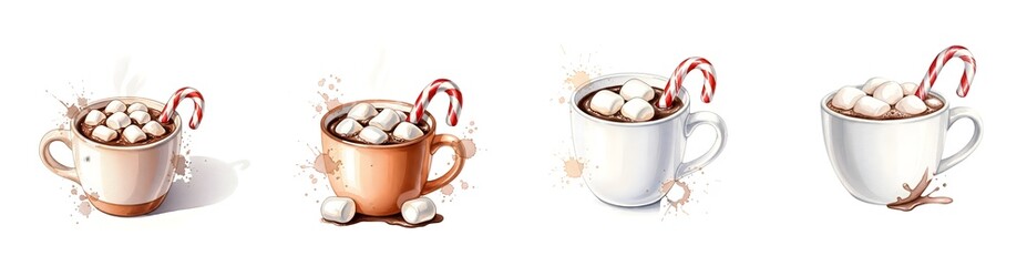 Four mugs with hot chocolate marshmallows and candy canes isolated cocoa transparent background