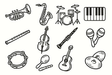 Jazz icons drum clarinet bass guitar vector tools cymbals icon flute instruments
