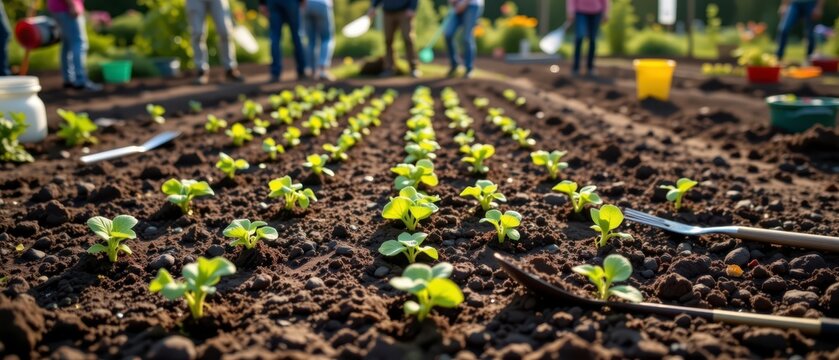 Community members planting seedlings in a garden, promoting teamwork and sustainable agriculture practices during daylight hours
