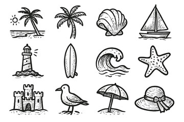 Vector icon surfboard sandcastle set tree seaside lighthouse hat sailboat seagull palm