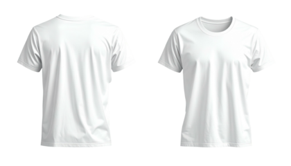 Two white t-shirts a back and front view of crewneck shirts on a transparent background