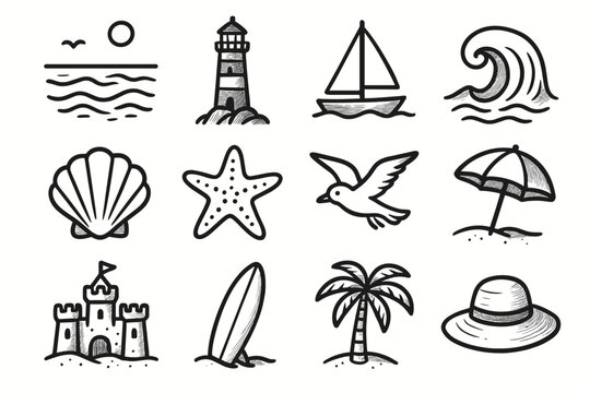 Sailboat starfish surfboard palm seagull tree seaside vector seashell collection icon sandcastle