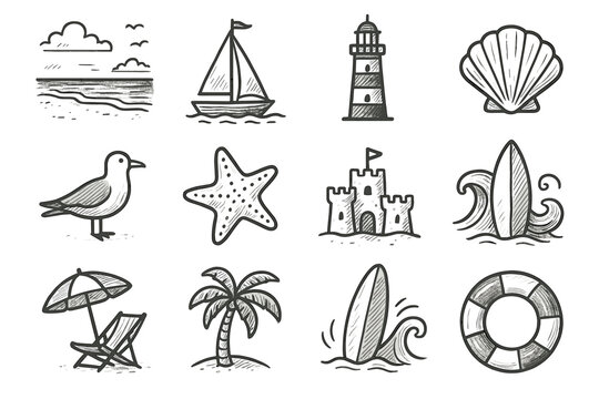 Lighthouse icon seaside seashell vector tree sandcastle palm set wave surfboard seagull