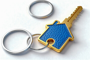 Golden house-shaped key with blue leather texture keychain and metal rings, symbolizing real estate investment, property ownership, and buying a new home.