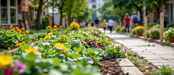Vibrant Flowering Walkway with Colorful Blooms and Lush Greenery on a Sunny Day in a Lively Urban Park Setting