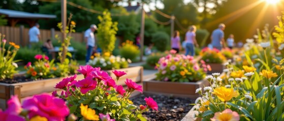 Vibrant Flower Garden in Community Park During Sunset with People Enjoying the Natural Beauty and Serenity of the Outdoors