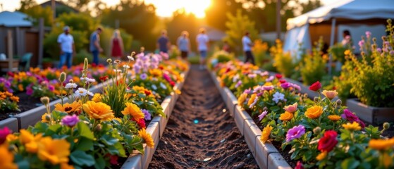 Vibrant Floral Garden at Sunset with People Enjoying Nature and Colorful Blooms in Blooming Flower Beds
