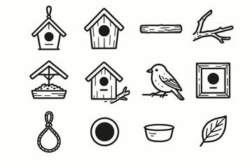 Birdhouse icon roofed stick cup vector tree collection wooden feeder round tray