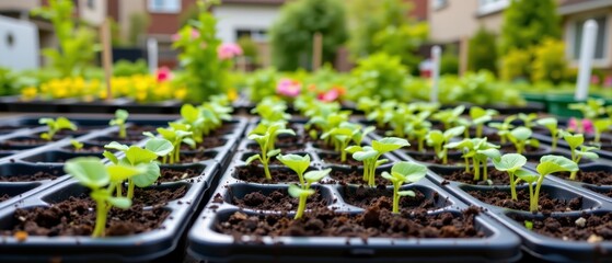 Fresh Seedlings Growing in Plastic Trays in Lush Garden Setting Under Natural Light Beautiful Greenery and Vibrant Colors