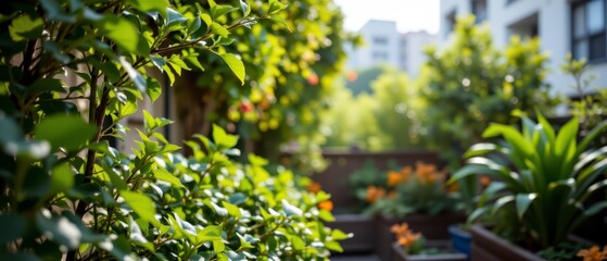 Lush Greenery and Vibrant Flowers in a Residential Urban Garden with Soft Natural Light and Inviting Atmosphere