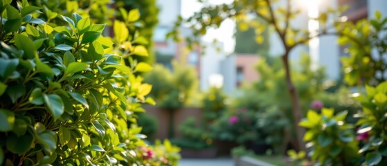 Lush Greenery in Urban Garden with Sunlight and Soft Focus Background for Tranquil Outdoor Concept