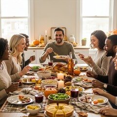 Friends gather enjoying Thanksgiving dinner at a family table