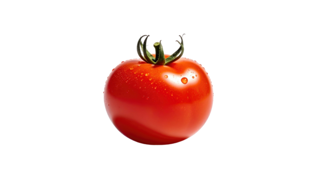 Single bright red tomato with water droplets, set against a contrasting solid black background for starkness