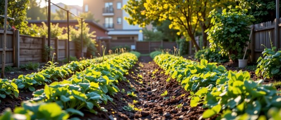 Vibrant Vegetable Garden at Sunset in Urban Setting with Lush Green Plants and Soft Light Illuminating Rows