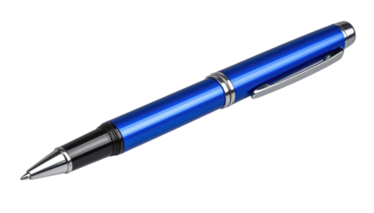 A blue pen with silver accents, angled on a black background, reflecting light