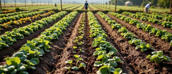 Farmer Tending to Young Vegetable Plants in Neat Rows on a Sunny Day in a Lush Green Field