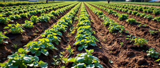 Lush Green Rows of Fresh Sweet Potato Plants Growing in Fertile Soil under Bright Blue Sky during Sunny Day