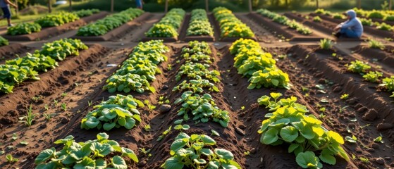 Lush Green Rows of Vegetable Plants in a Farm Field with a Gardener in the Background During Golden Hour