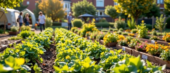 Home Garden with Growing Plants and Flower Beds in a Sunny Neighborhood Setting During a Beautiful Summer Day