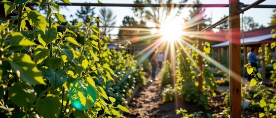 Vibrant Green Garden at Sunrise with Sunburst Effect and People in Background Enjoying Nature and Outdoor Activities