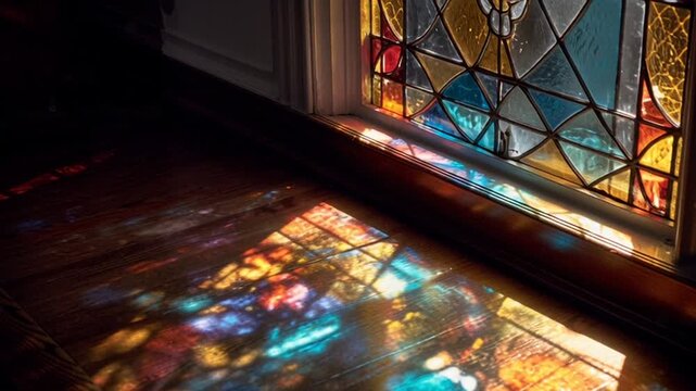 Stained glass window light patterns shifting