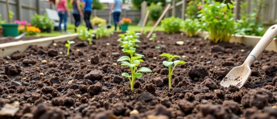 Close-up of Fresh Seedlings Growing in a Vegetable Garden with People Nurturing Plants Under Sunny Sky in Background