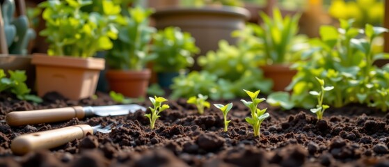 Fresh Seedlings Emerging from Dark Soil in Lush Garden with Gardening Tools in Background under Natural Light