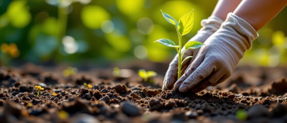 Hands in Gloves Planting Young Green Seedling in Rich Dark Soil Under Bright Sunlight in Tranquil Garden Setting