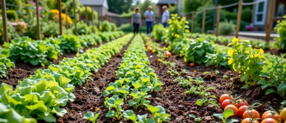Families Cultivating Vibrant Vegetable Garden in Summer Sunshine with Lush Greens and Bright Red Tomatoes on Display